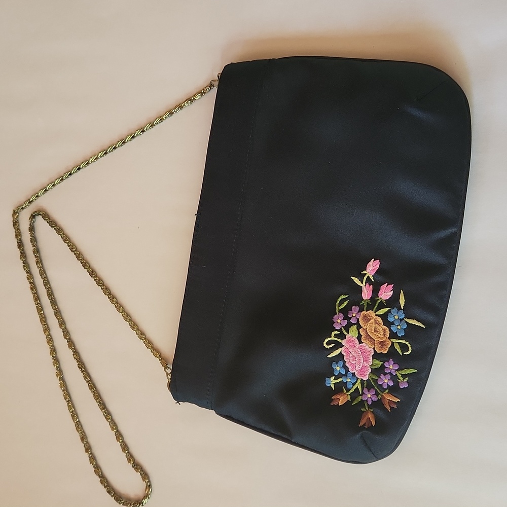 Vintage Black Satin Rose Embroidered Evening Bag